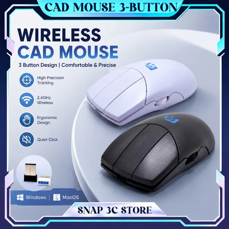 Silent 3-Button Wireless Mouse with Side Scroll Wheel Rechargeable Ergonomic Mice for Blender 3D Modeling CAD Designer