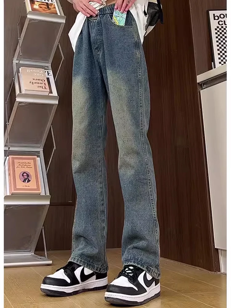 

Мужские джинсы из синего денима в стиле ретро, с завышенной талией, прямые, в американском стиле, с эластичным поясом и шнурком