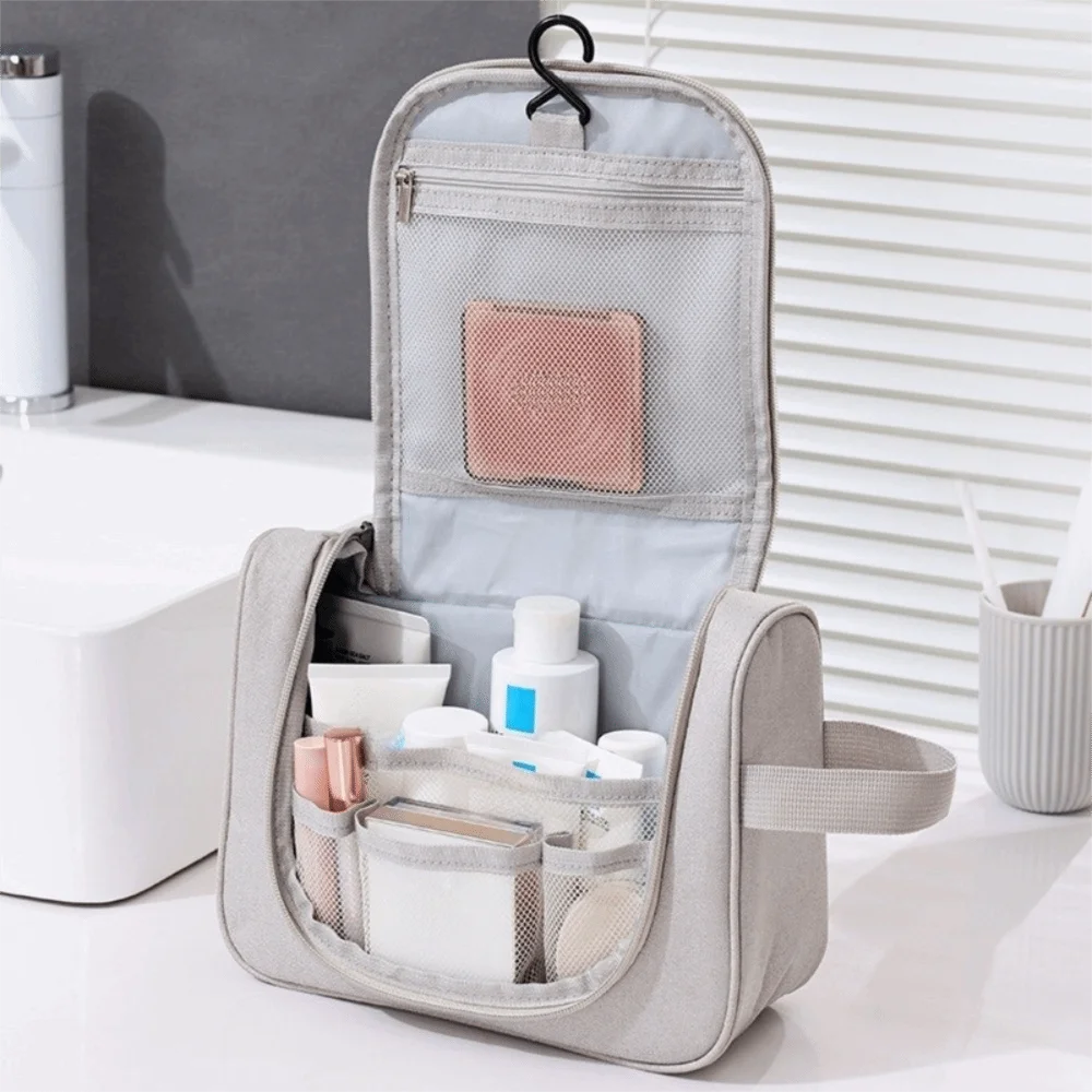 Dobrável pendurado saco de cosméticos multicamadas grande capacidade viagem saco de maquiagem seco molhado separação cor sólida viagem saco de higiene pessoal