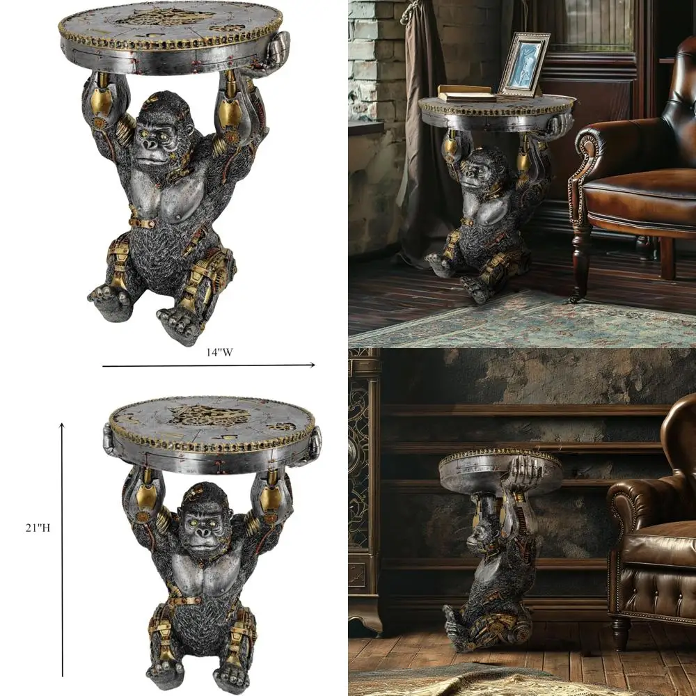 طاولة جانبية Steampunk Gorilla مع قاعدة قاعدة قاعدة، تمثال خيال علمي قرد سايبورغ من الراتنج، تمثال قابل للجمع مرسومة يدويًا #1