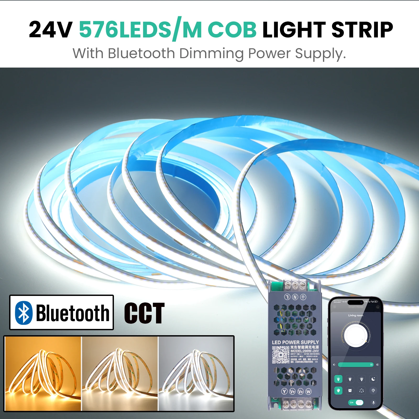 

Комплект светодиодных лент CCT COB 24 В с регулируемым адаптером питания Bluetooth 3000K 4000K 6000K 576LEDs/M Гибкая лента 1M-10M Набор