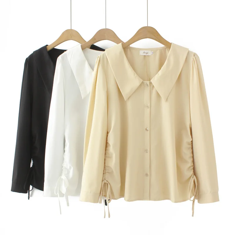 Solid Color Lapel Drawstring Shirt Women Plus Size Autumn Winter Casual Clothing Two Ways Stretch Blouses Puff Sleeve Tops