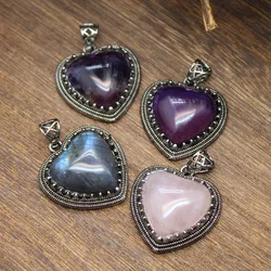 Polly Antique Silver Color Plated Natural Stone Amethysts Rose Quartzs Labradorite Fluorite Heart Pendant Vintage Jewelry
