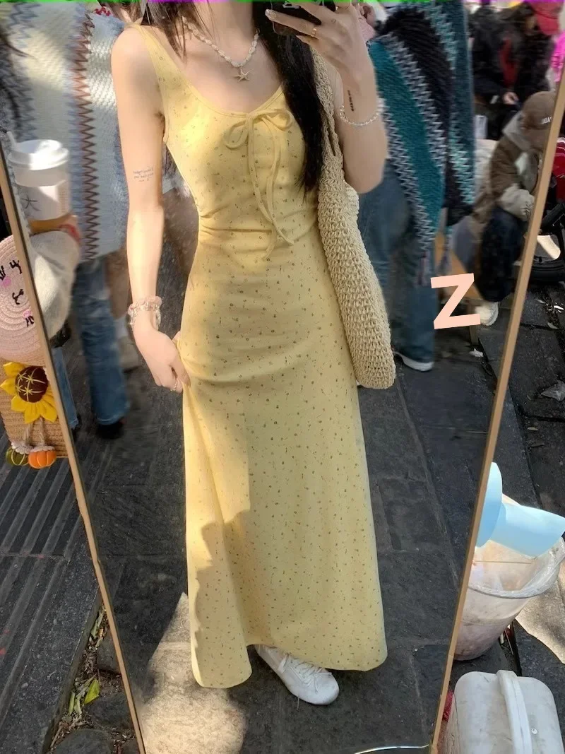 

Summer Beach Vacation Dress Gentle Wind A-Line Long Dress French Sleeveless Print Yellow Dress Bohemian Maxi Vestidos Платье 원피스