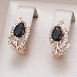 Kinel Hot Vintage Black Stone Dangle Earrings For Women Luxury 585 Rose Gold Color Natural Zircon Accessories Daily Fin Jewelry