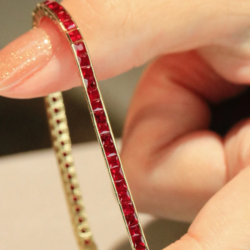 Aazuo Real Jewelry 18K Solid Yellow Gold Natrual Ruby 3.9CT Square Lines Bracelet For Woman Upscale Trendy Engagement Party