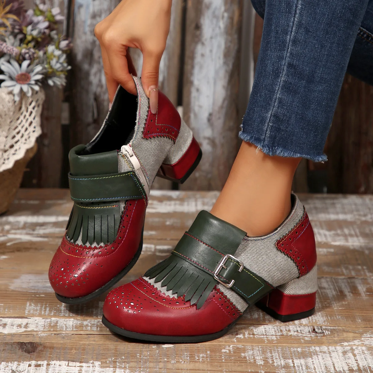 HKDQ Women's Pumps Round Toe Mid Block Heel Fringe Brogue Oxford Shoes Side Zipper Colorblock Vintage Style Dressy Shoes