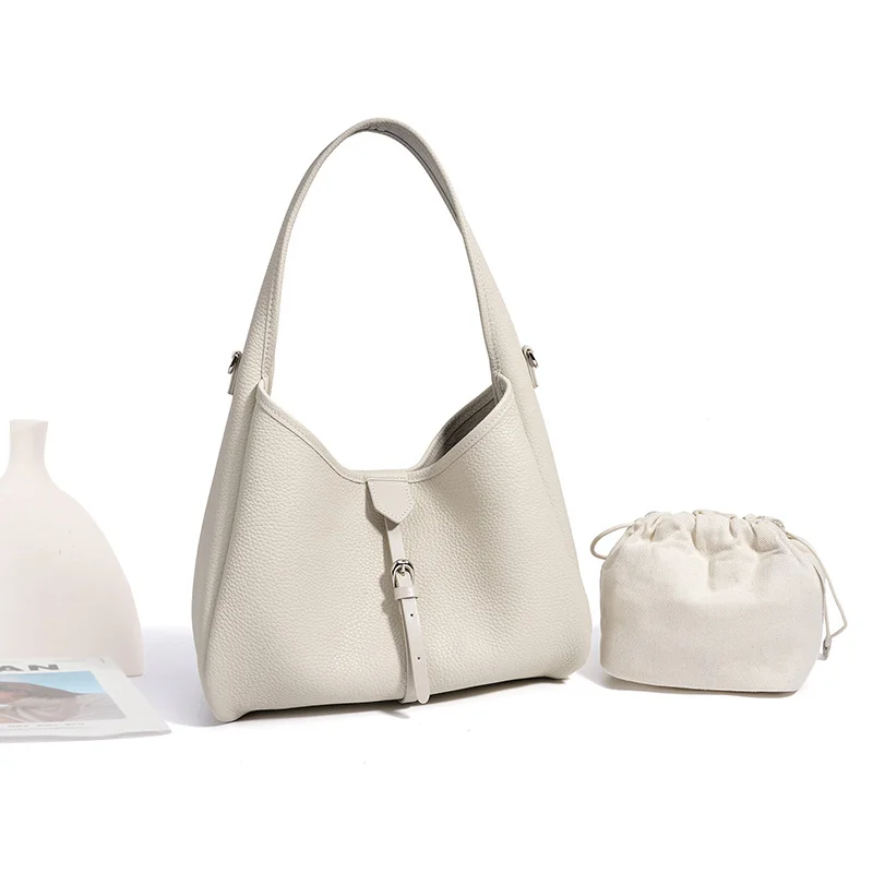 Early Spring Fashion Minimalist Single Shoulder Crossbody Bag Niche Design Versatile Genuine Leather Bucket Handbag for Women