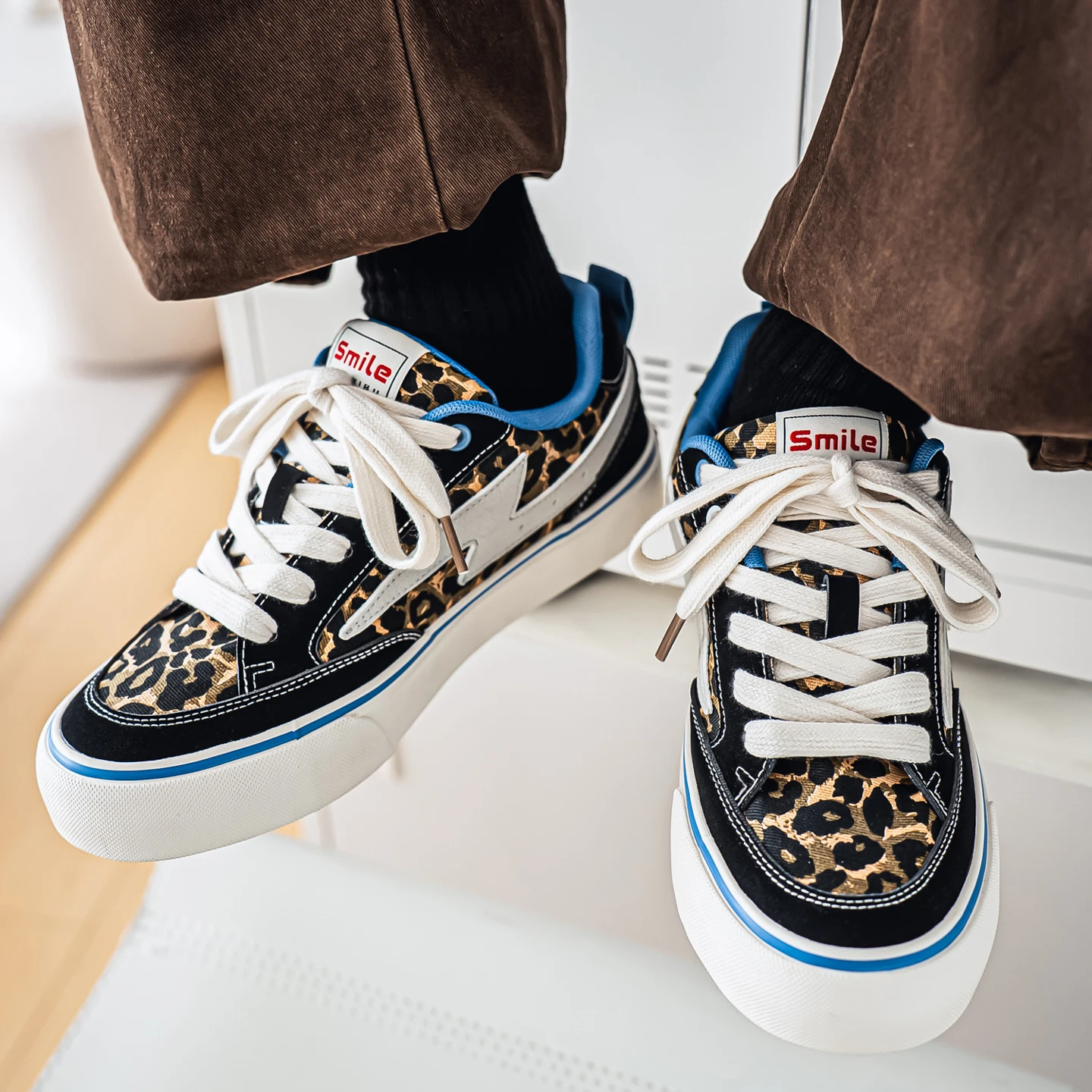 Casual Camouflage Leopard Print Men's Board Shoes Breathable Synthetic Leather And Fabric Upgraded Version Flat Heel Rubber Sole