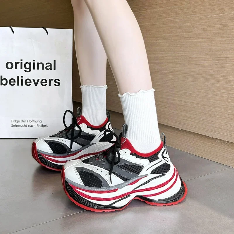 8cm Air Mesh Microfiber Leather Autumn Platform Vulcanize Women Chunky Sneaker Vulcanize Spring High Brand Comfort Shoes