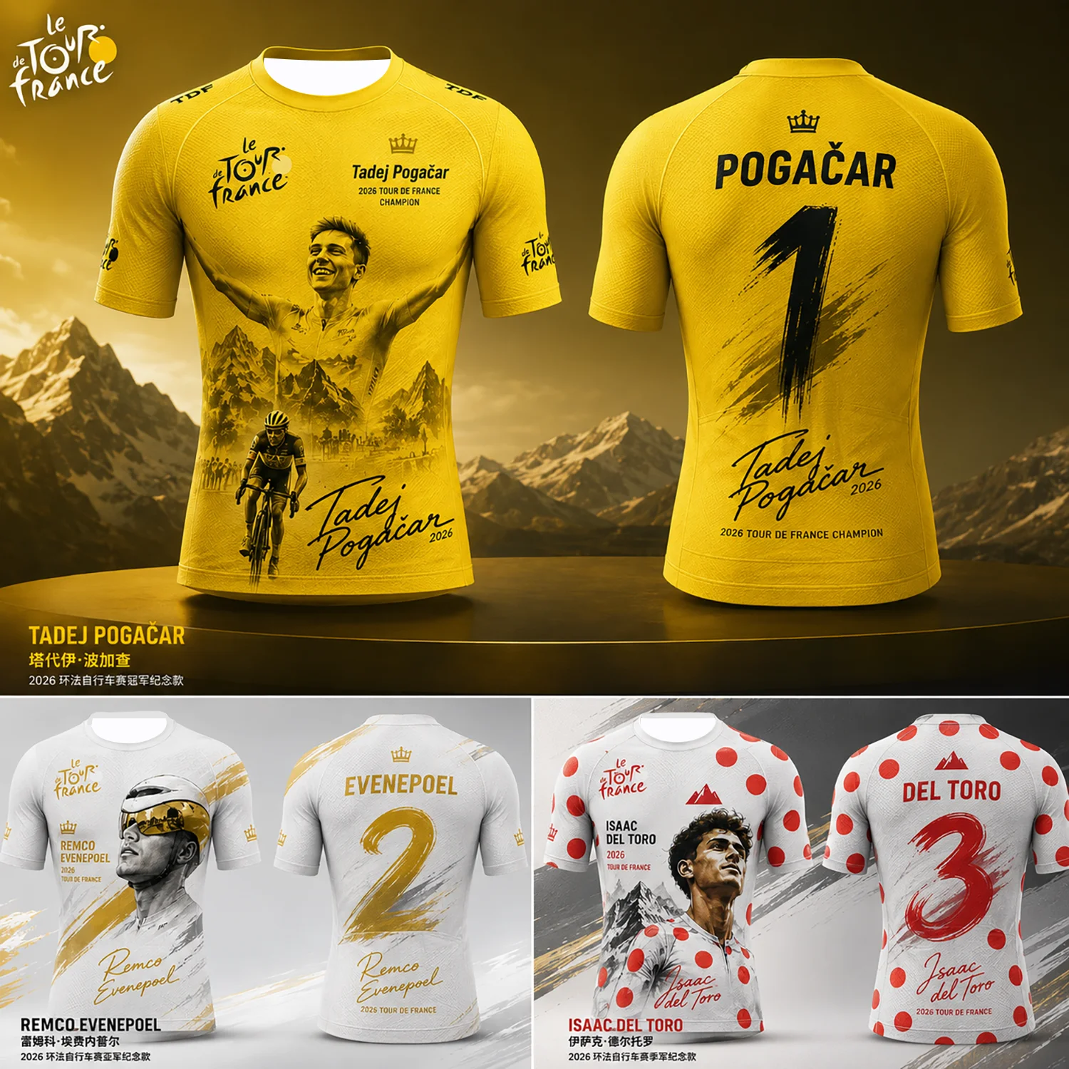 2026 Tour de France Champion Commemorative T-Shirt Pogacar Evenepoel Del Toro Printed Short Sleeve Tee Fan Bicycle Lover Gift