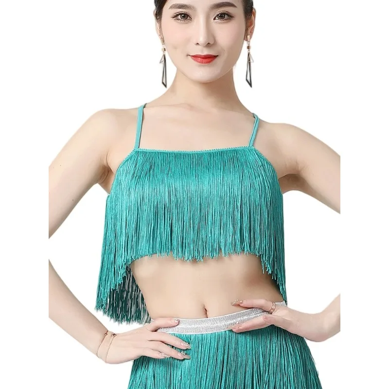 

Women Tassel Trim Spaghetti Strap Slash Neck Camis Crop Top Vest Sexy Bandage Cross Back Fringe Tank Top Dance Top Clubwear