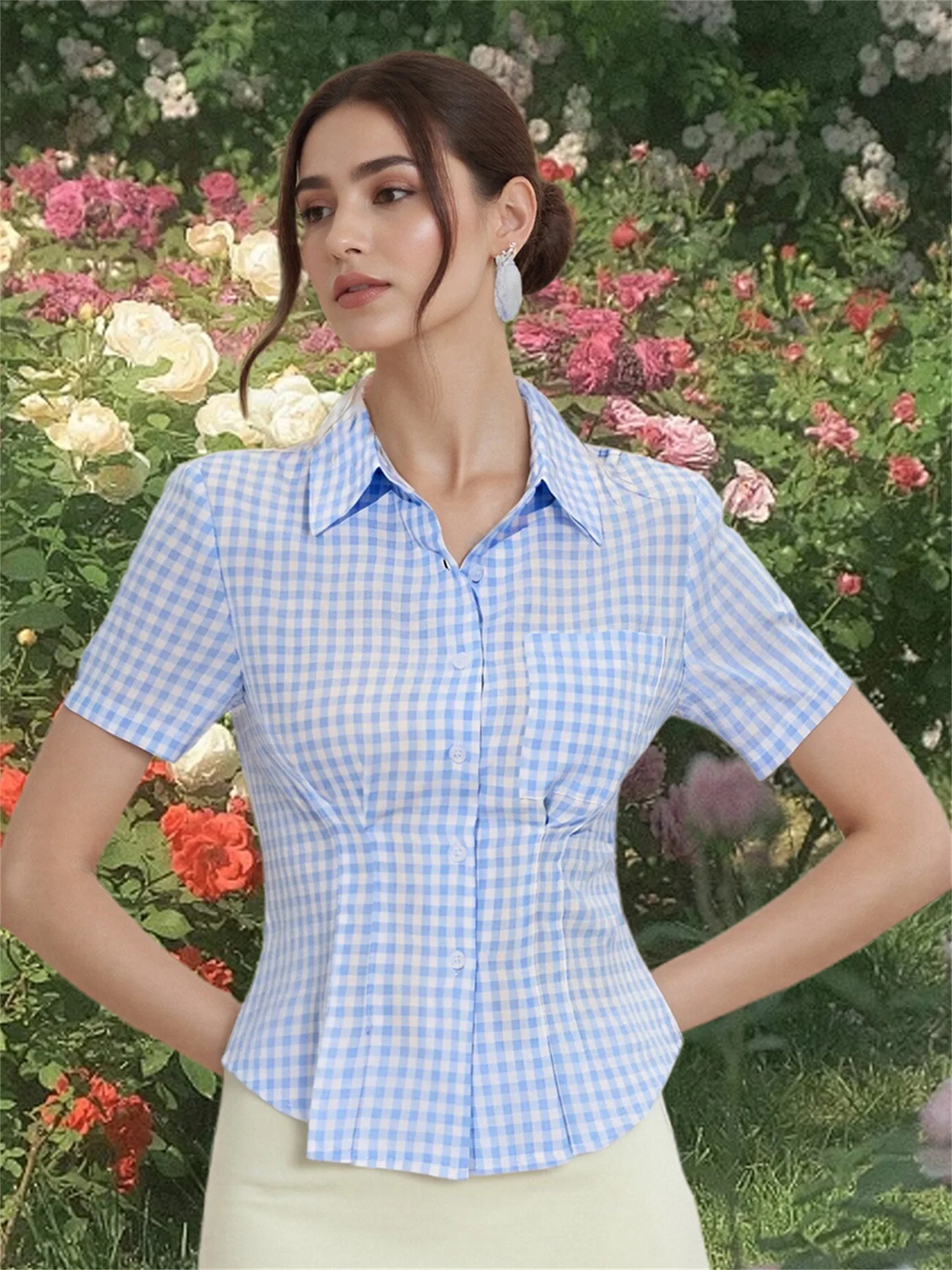 

Striped Plaid Print Button Down Shirt with Short Sleeves - Stylish and Casual Top for Women s Streetwear Fashion Collection