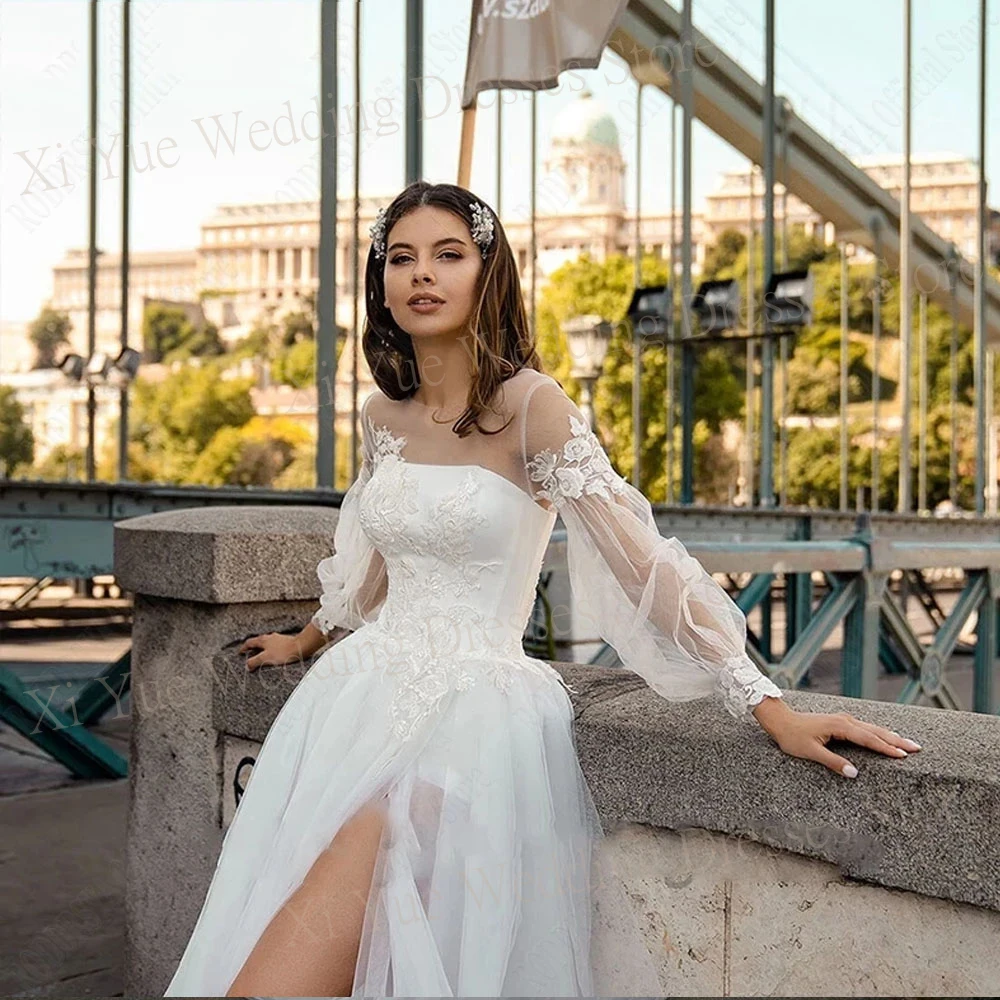 Bohomain-Robes de mariée A-ligne élégantes, appliques en dentelle, manches longues bouffantes, tulle sexy, fente latérale haute, robe de mariée