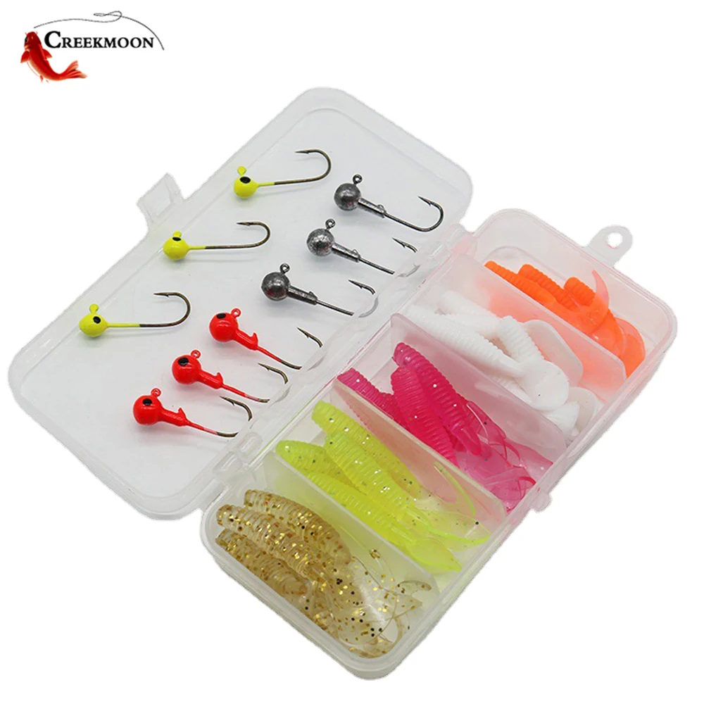 35Pcs/box Crank Jig Head Hook and Soft Bait Set Fishing Hooks Jigging Heads Soft Lure for Bass Trout Carp Sea Fishing Saltwater