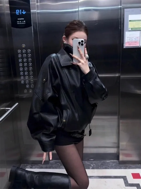 Bla Leder Jaet Damen ort Sle Cool und Rot Frühling Herbst Neuankömmling Motorrad Vintage gepolsterter PU-Ledermantel