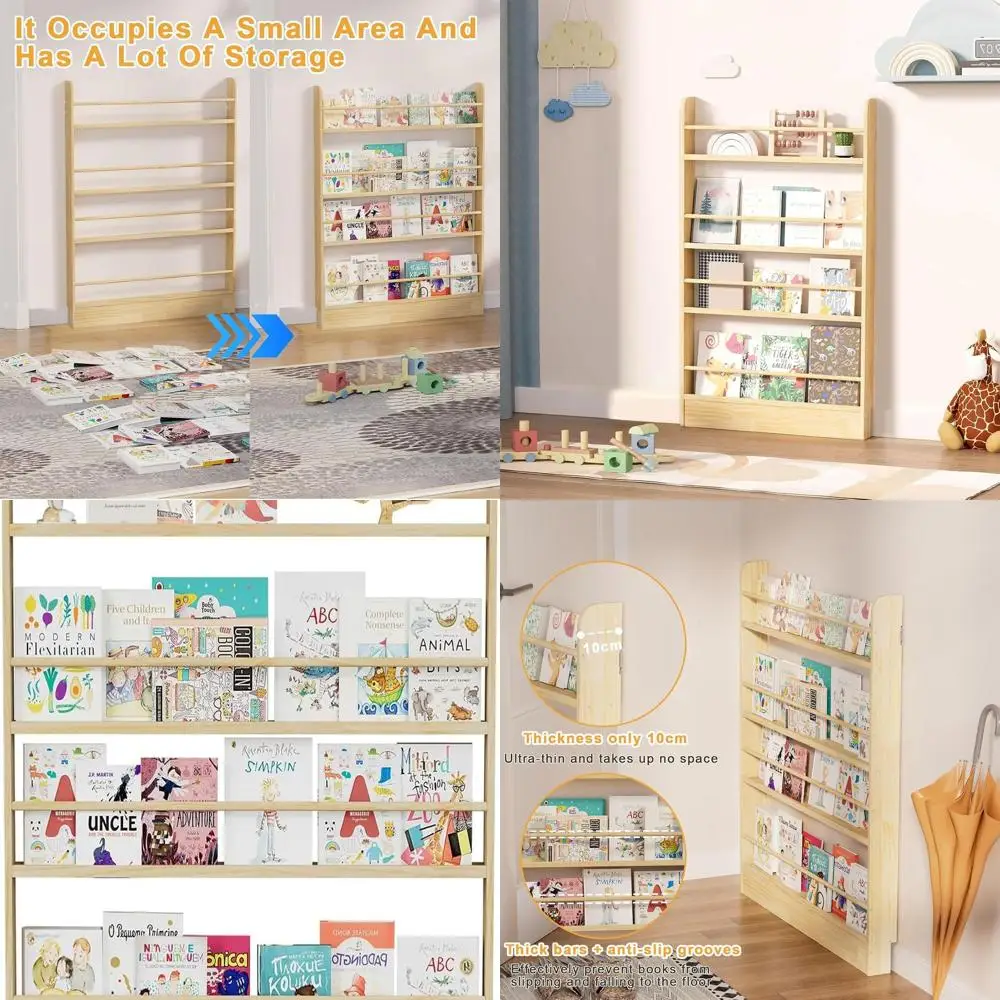 

Behind The Door Bookshelf, 4 Tier Wall Mount Wooden Kids Bookshelf for Books and Toy Storage for Adult Space-Saving in Bedroom,