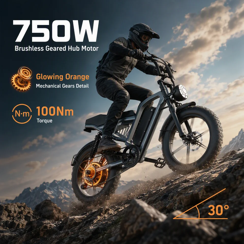 750W Fat Tire Electric Bike for Adults, 48V 15Ah 720Wh Battery with 60-Mile Range, 100Nm Torque 28MPH Off-Road E-Bike, Dual Suspension & Disc Brakes All-Terrain Mountain Ebike image 10