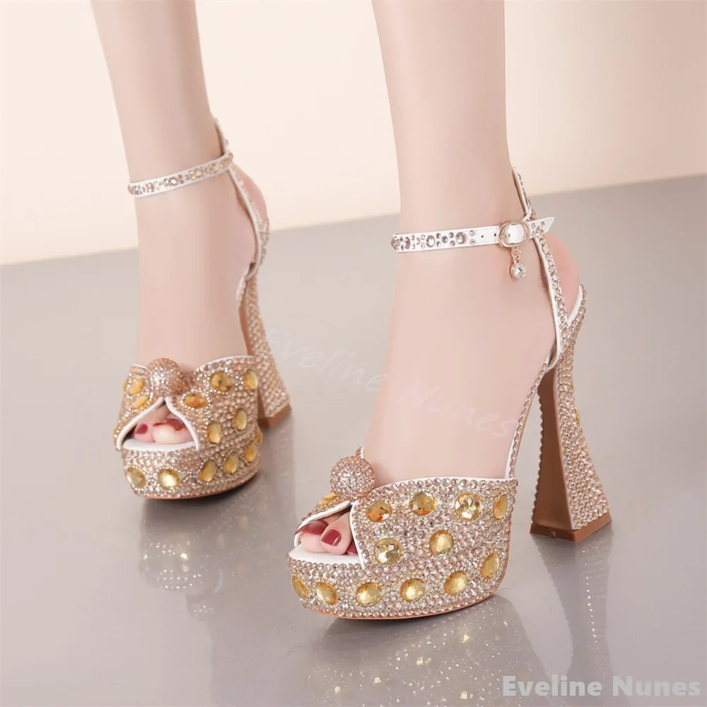 Bling Bling Rhinestone Pearls Peep Toe Sandals Women Ankle Strap 14cm Chunky Heels Wedding Shoes 2024 Summer New Shiny Pumps