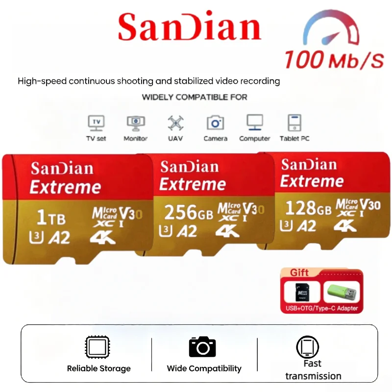Class 10 Micro TF SD Flash Card 128GB 256GB 512GB Memory Card Mini TF Card 1TB U3 A2 for Smartphone Camera Dash Cam Storage