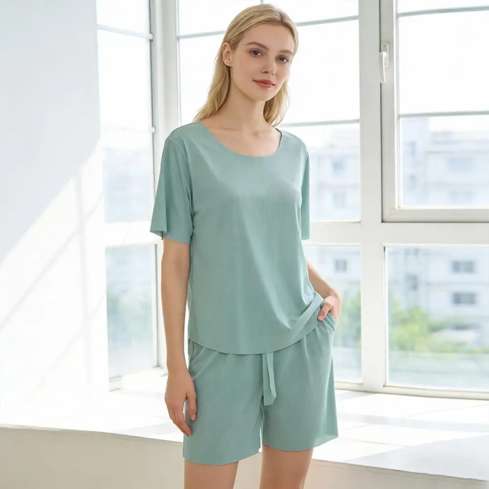 Summer Women's Ice Silk Pajama Set Pullover Short Sleeve T-shirt And Pants Breathable Lightweight Casual Set 2 Piece Loungewear