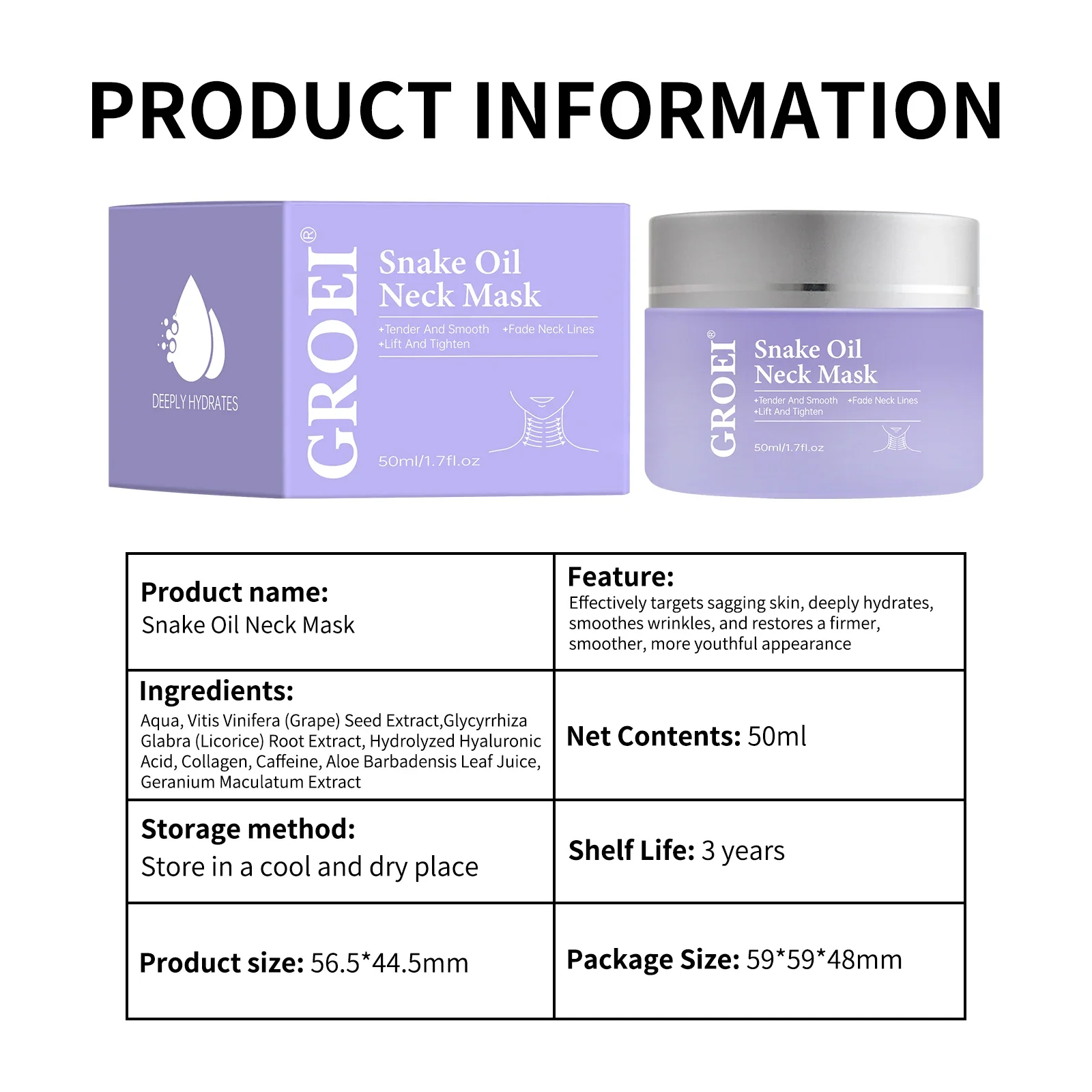 50ml Snake Oil Neck Mask - Lifts & Tightens Neck Skin, Fades Lines, Tender & Anti-Aging Care with Grape Seed & Hyaluronic Acid