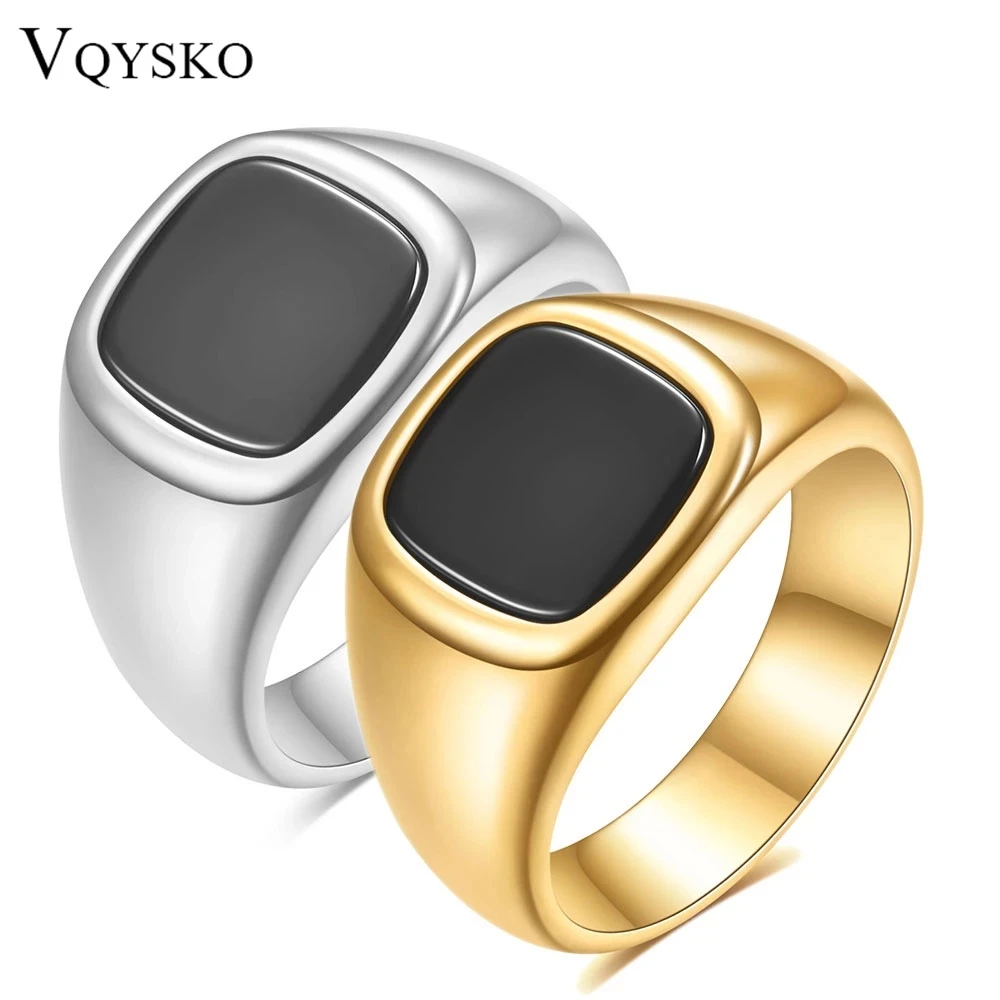 VQYSKO Men's Ring Punk Rock Smooth 316L Stainless Steel Signet Ring For Men Hip Hop Party Jewelry Wholesale Male Wedding Anel