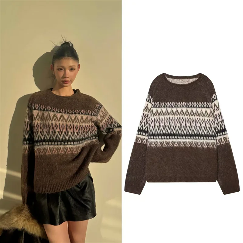 

Женский топ 2025, зима, новый стиль, красно-коричневый жаккардовый пуловер с длинными рукавами и круглым вырезом, свободный вязаный пуловер в стиле Fair Isle, повседневная мода