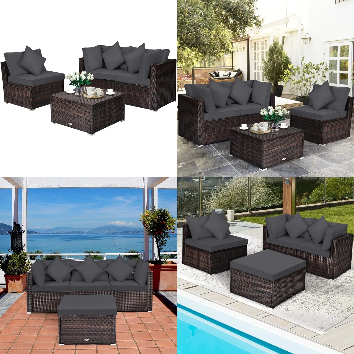 

4 Seat Patio Conversation Set Outdoor Wicker Sofa Sectional All Weather PE Rattan with Washable Cushions Pillows Customized