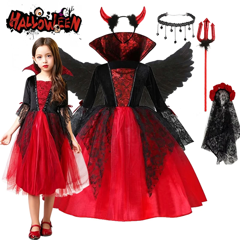 Kids Girls Halloween Cosplay Outfit Vampire Dress for Carnival Themed Party Role‑Play Fancy Dress‑Up Clothes
