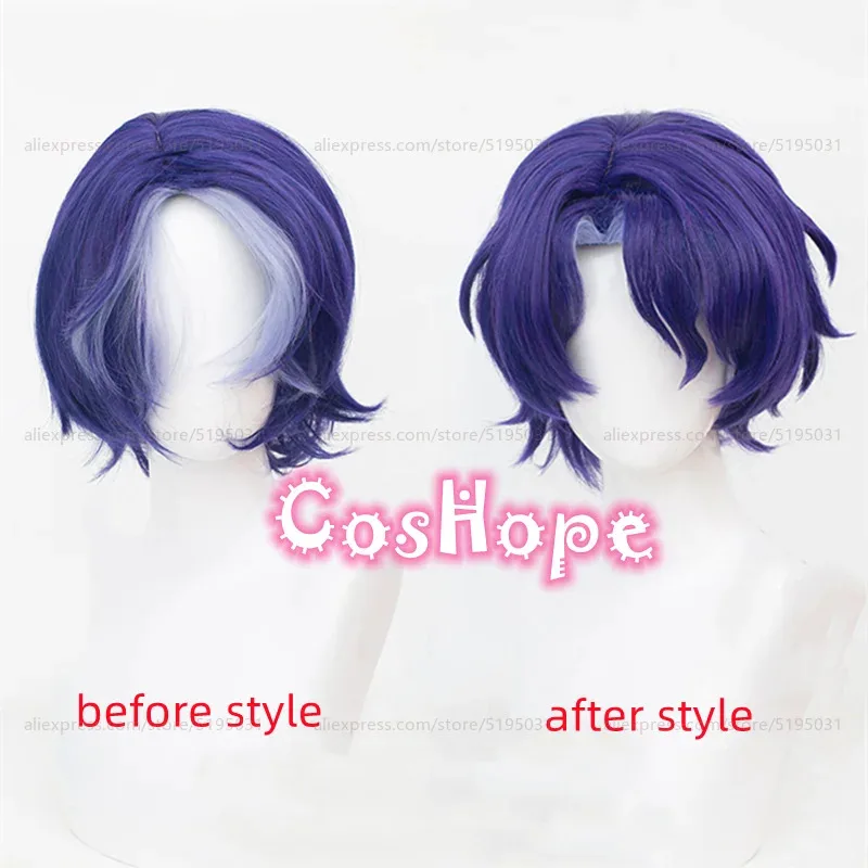 دكتور. نسبة شعر مستعار تأثيري 35 سنتيمتر قصيرة الأزرق الأرجواني يسلط الضوء على شعر مستعار تأثيري أنيمي تأثيري مقاومة للحرارة بيروكات صناعية #1