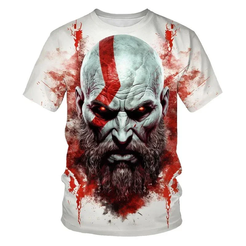 3D Printed Round Neck Men\'s T-shirt, God of War Game Character, Hip-hop Trend, Harajuku Street Clothes, Short Sleeve, Fashion