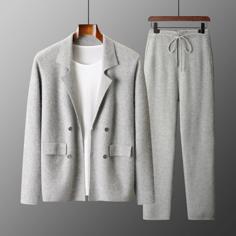 

MVLYFLRT Men's 100% Merino Wool Two-Piece Suit Knitted Cardigan with Elastic Waist Straight Leg Pants Warm Winter Men's Suit Set