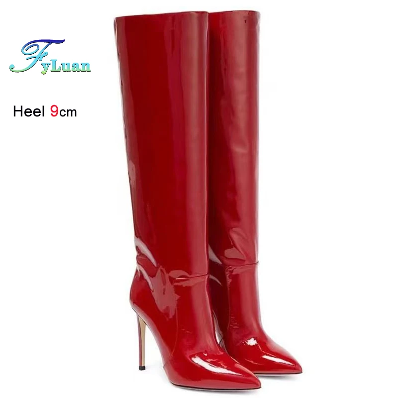 

2025 Autumn Winter Women's Knee High Boots Pointed Toe Patent Leather Ladies Long Boots Thin High Heels 9cm Party Shoes Size 45