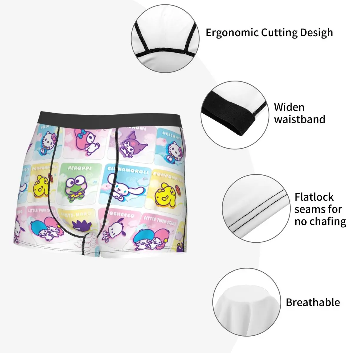 Hello Kitty and Friends Square Eugène Boxers, Gag Gift for Men, Fun Underwear, Quilt Underpants, Comfortable Boxer Shorts, Merch