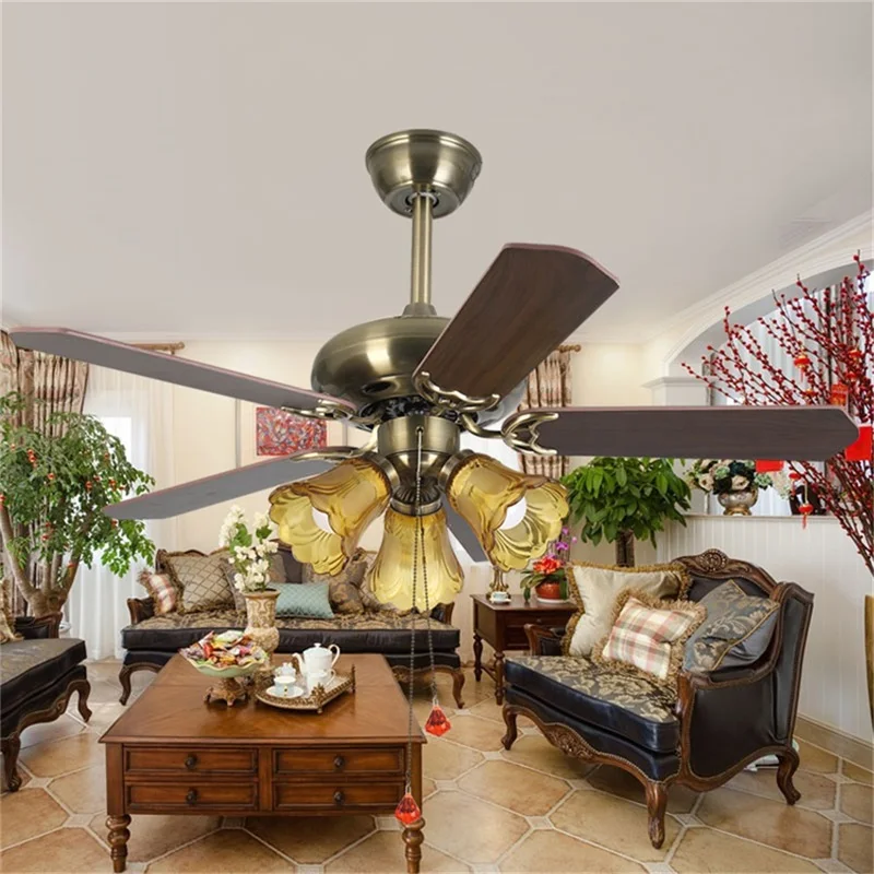 

Retro fan light led American intelligent inverter with remote control wood art decor home study dining room ceiling fan lights