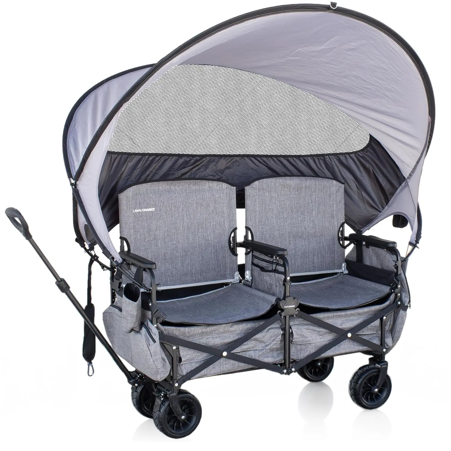 Lawn Chariot, Folding Wagon with 2 Adult Seats & UPF 50+ Canopy, Under-Seat Storage, All-Terrain Wheels, Black, Customized