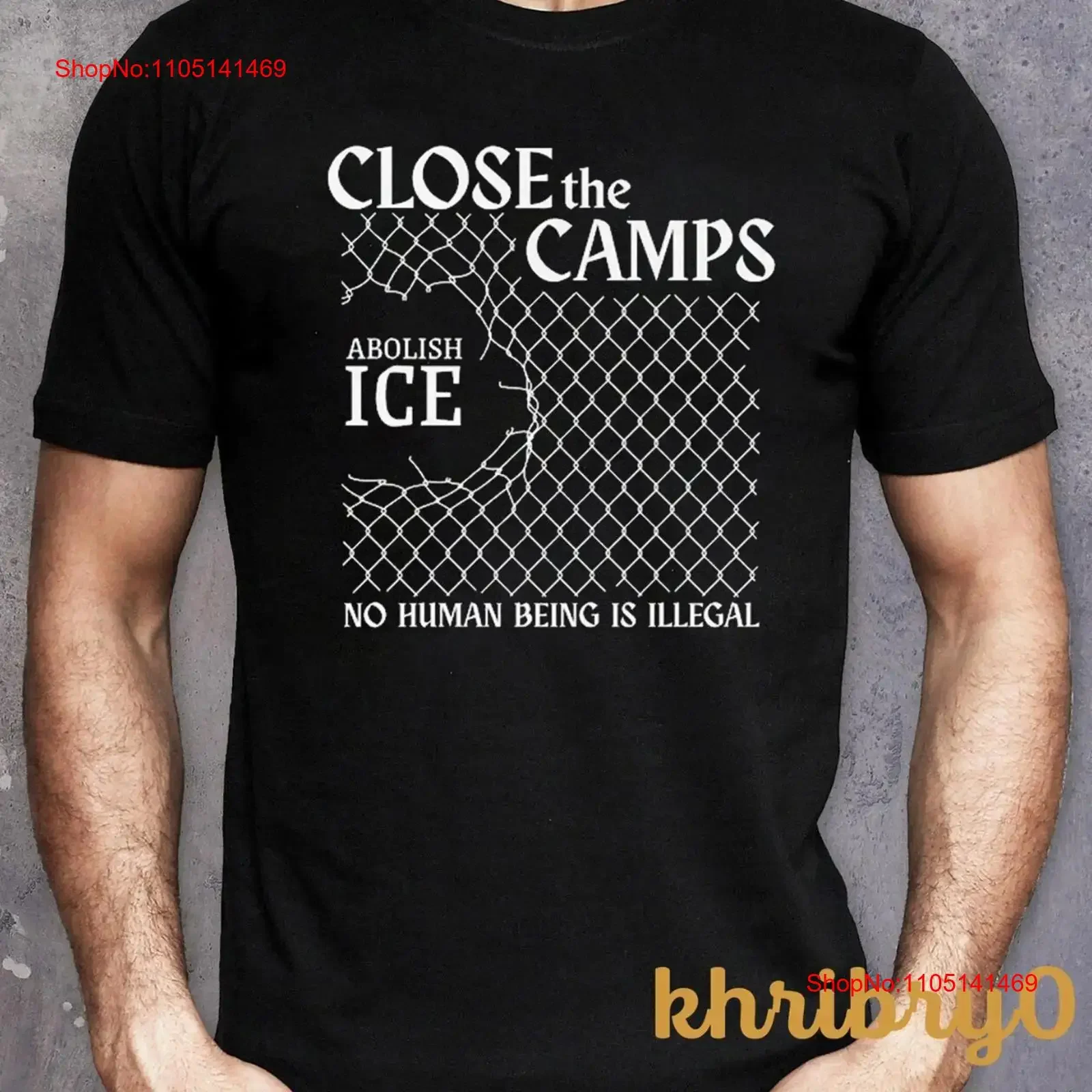إلغاء الجليد إغلاق المخيمات لا إنسان غير قانوني تي شيرت عتيق مغسول للجنسين ملابس الشارع الشهير أوم موضة مريحة