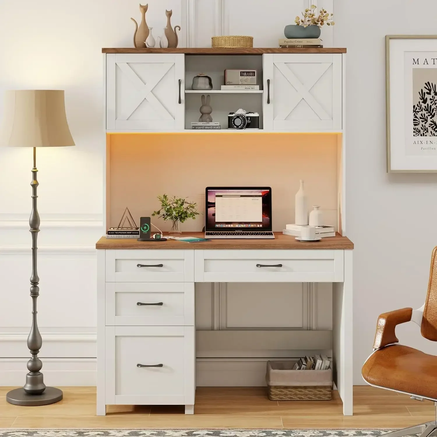 Farmhouse Executive Desk Hutch Office Table Drawers LED Light Computer Desk Storage Cabinet File Drawers Charging Station Wood W