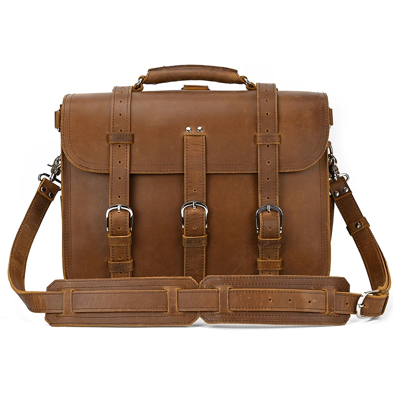 Valigetta in pelle vintage Borsa a tracolla da lavoro in vera pelle al 100% con coperchio Borsa per computer da 15,6 pollici Pelle di vitello solida