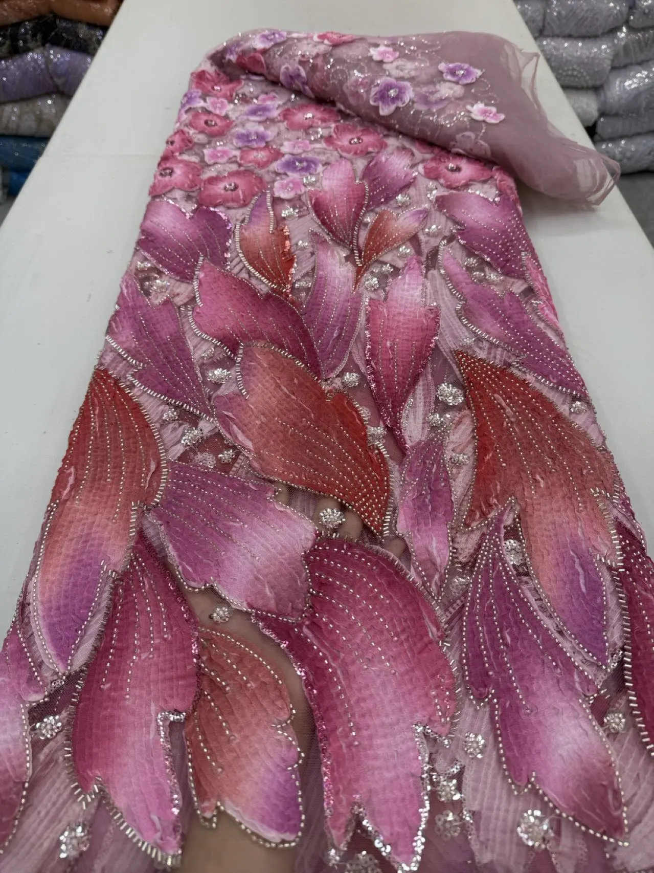 2026 Top Grade High Quality African Nigeria Sequins Tulle Lace Fabric Embroidery Wedding Party Guipure Dress Beads Stone JY563