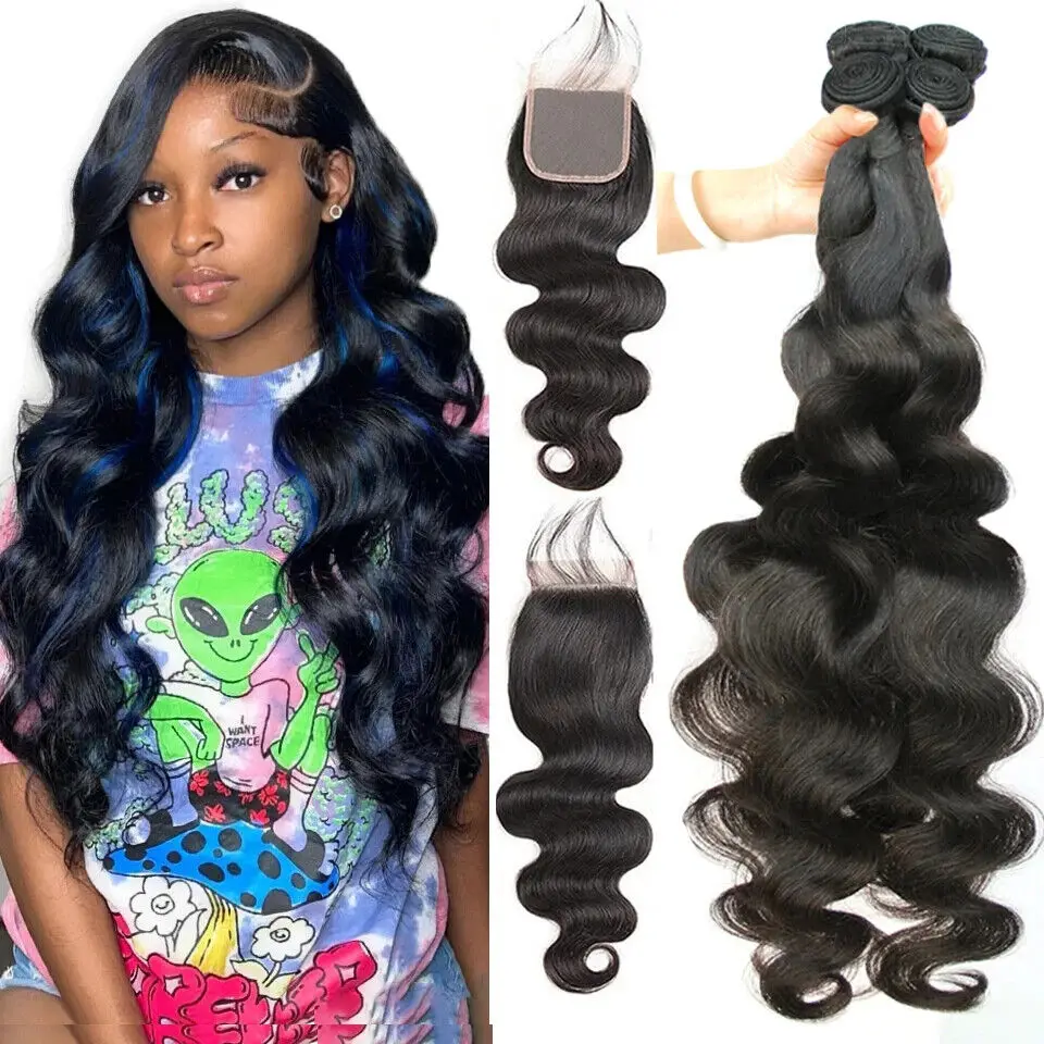 Tissage en Lot Brésilien Naturel Remy Body Wave avec Closure Extension de Cheveux, 4x4, 3/4