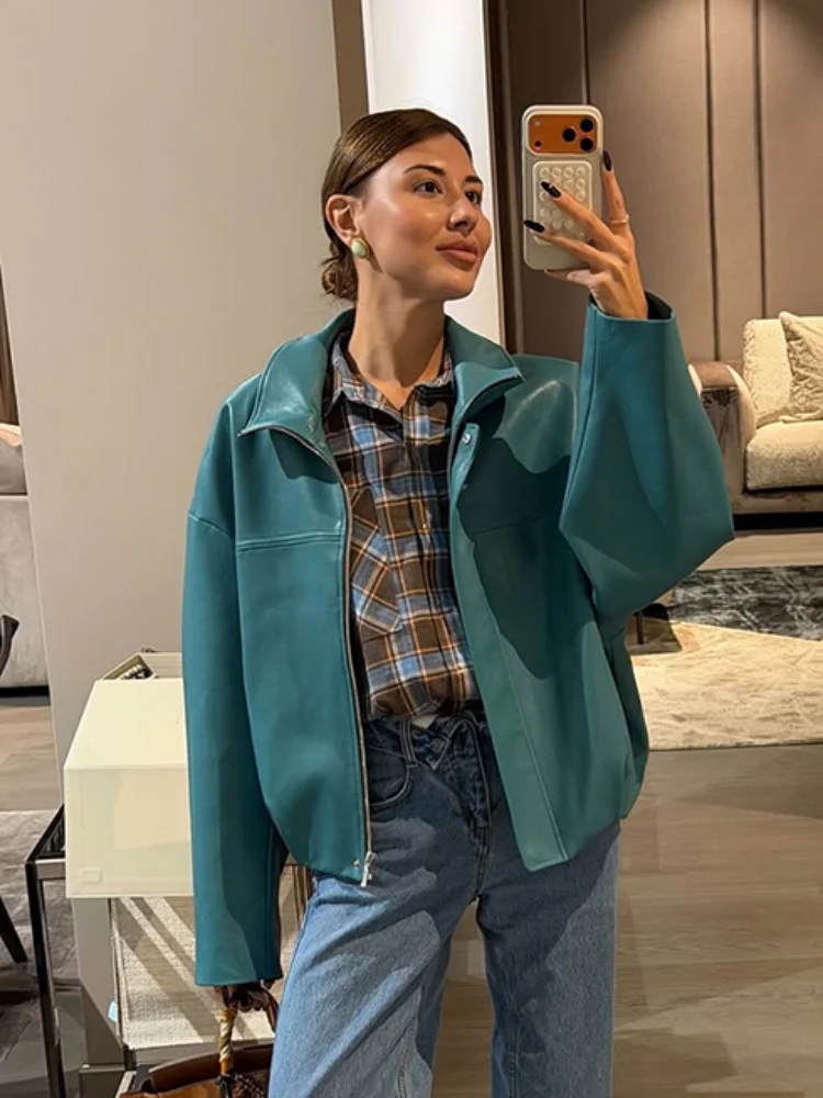 Fashion PU Leather Jacket Women Stand Collar Zipper Button Drop Shoulder Long Sleeve Jackets All-match 2026 Autumn Coat Street