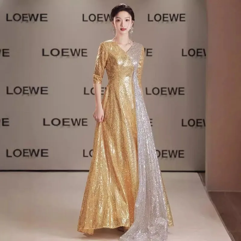 

Новый элитный костюм для хора, золотое вечернее платье, длинное платье для ежегодного вечеринки, костюм для выступлений на подиуме