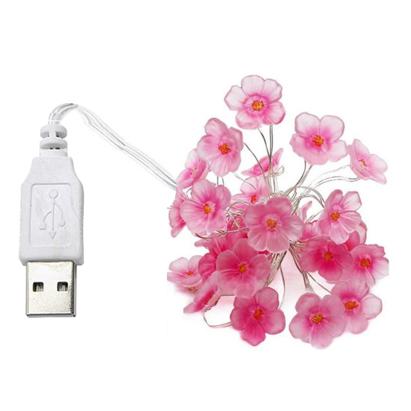 3Meter Cherry Blossom Flower Garland Lamp USB Operated LED String Fairy Lights Crystal Flowers Indoor Wedding Christmas Decors