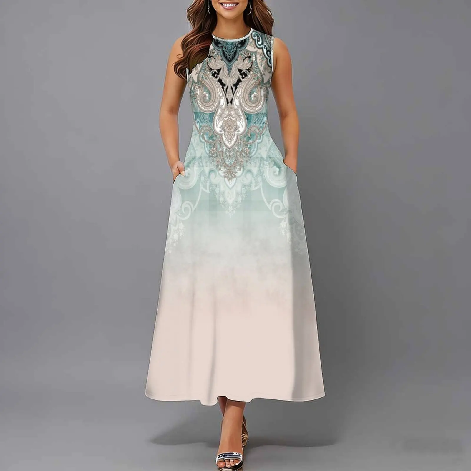 Women Sleeveless Long Maxi Dress With Pockets 3D Oil Painting Print Casual Loose Summer Vacation Party Sundress
