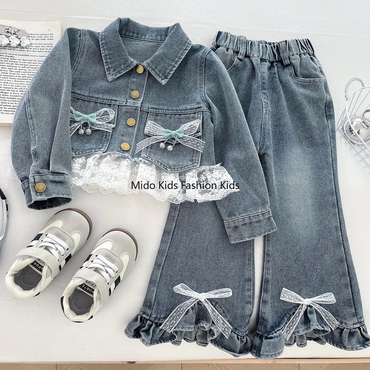 Girls Combination Suit Autumn New Korean Version  Girls Denim Top Lace Trousers Baby Cute Denim Two-piece Set 90-150cm