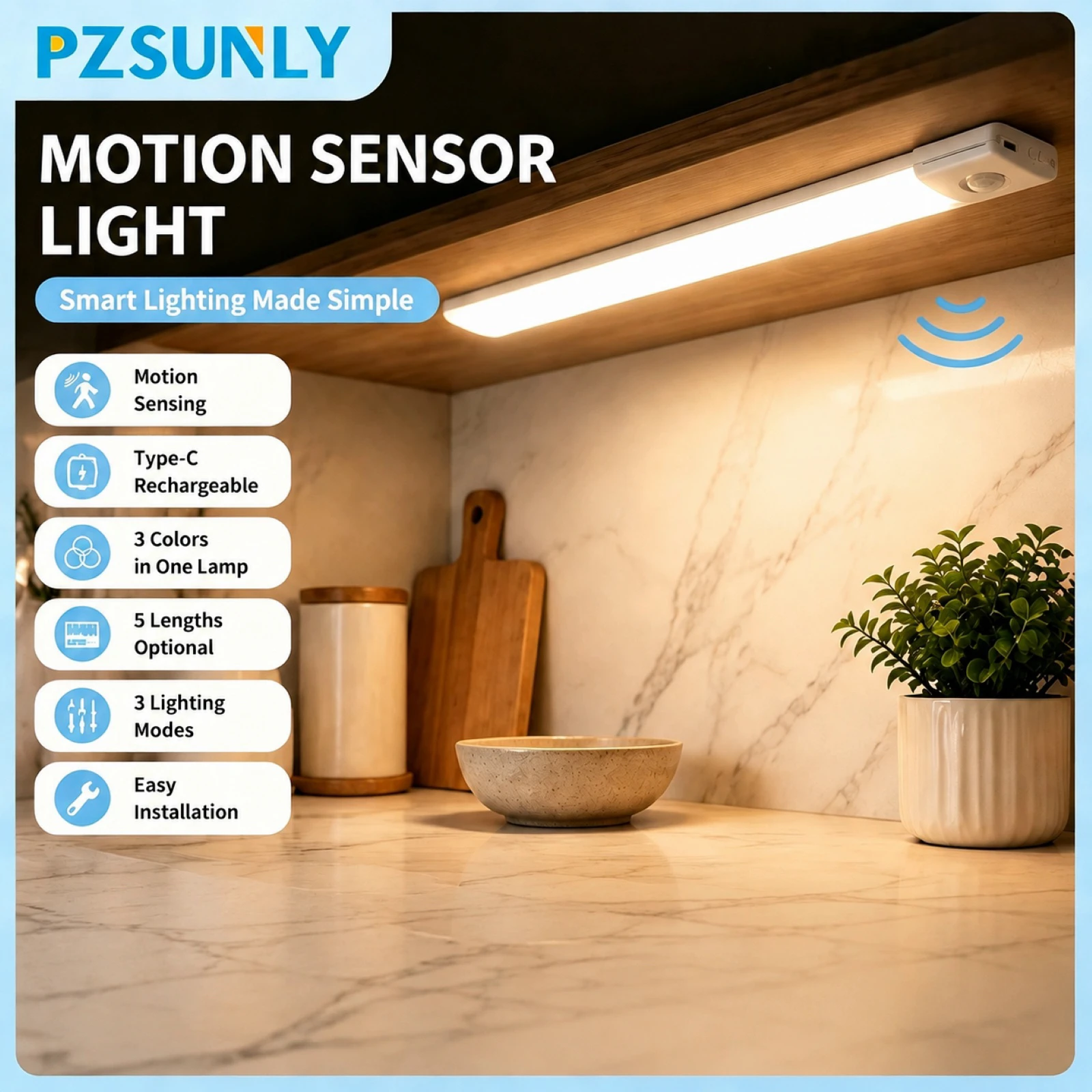 LED Cabinet Light Motion Sensor 3 Color Type-C Rechargeable 
