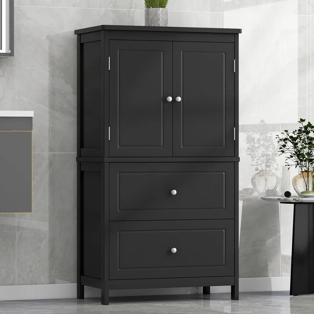 Bathroom Furniture Sets Bathroom Storage Cabinet, Cabinet Two Doors and Drawers, Adjustable Shelf, MDF Board, Black Furniture