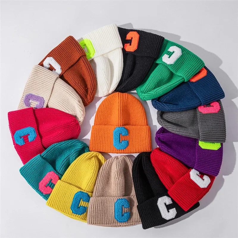 Simple Big C Letter Winter Hat Women Men Unisex Beanie Cap Outdoor Thick Warm Hip hop Sport Ski Knitted Hats console